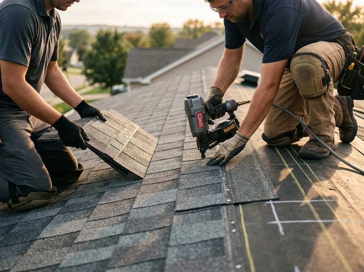 Professional roofer working on a residential roof in Stockton